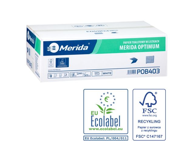 MERIDA OPTIMUM toilet paper in sheets, white, two-ply, V-folded, carton 9000 pcs. (40 packs of 225 pcs.), 2-ply, whiteness 75% ECOLABEL
